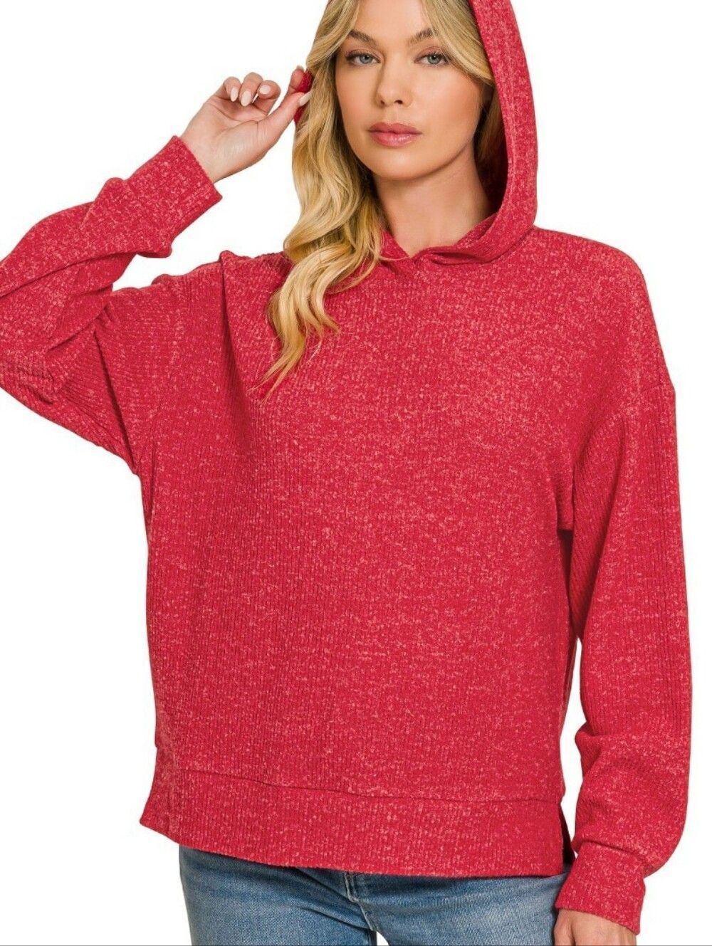 Zenana Red Hooded Pullover Sweater - Women's Cozy Knit Hoodie Medium